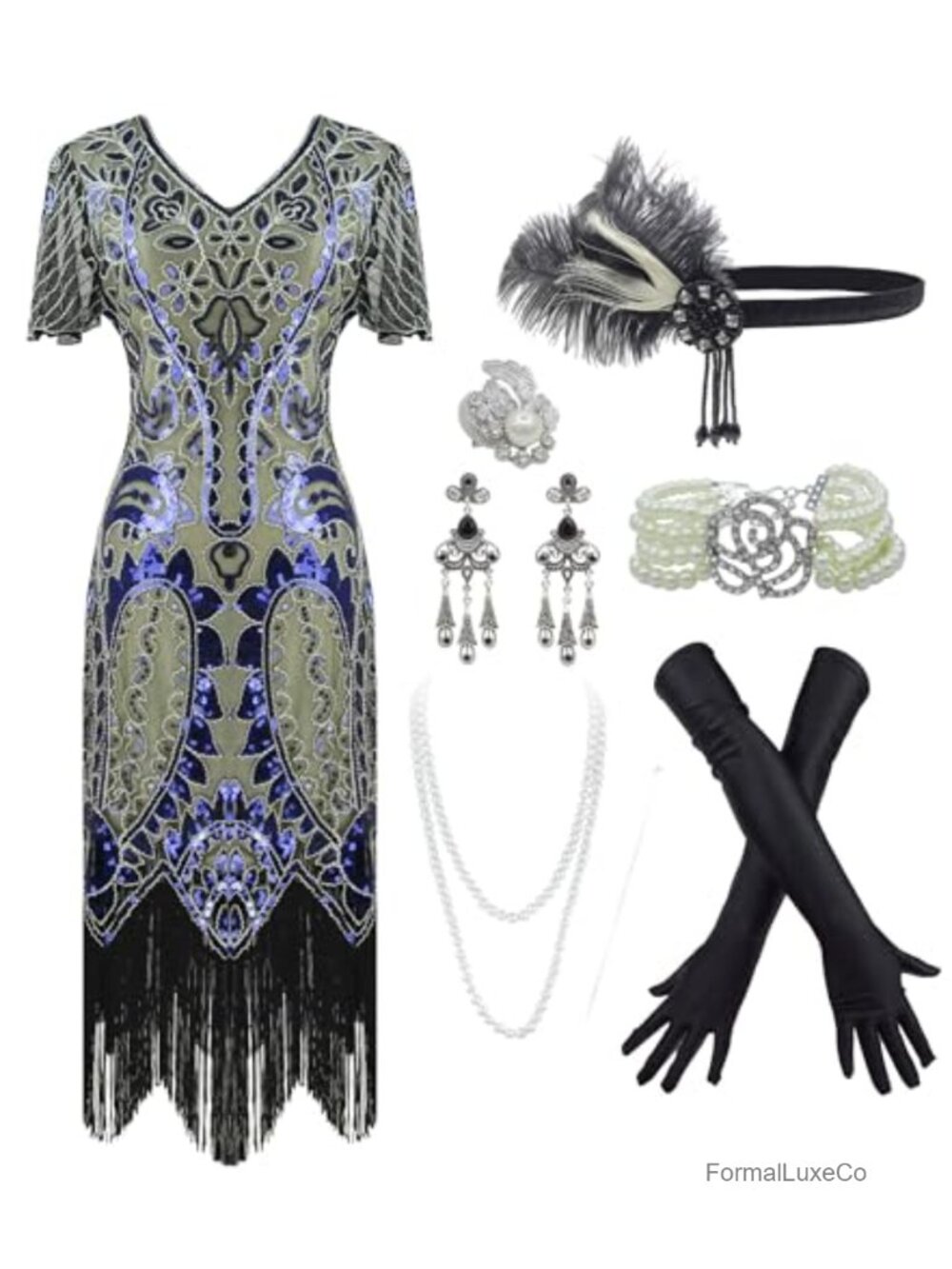 1920s Sequin Beaded Gatsby Flapper Dress with Accessories Set